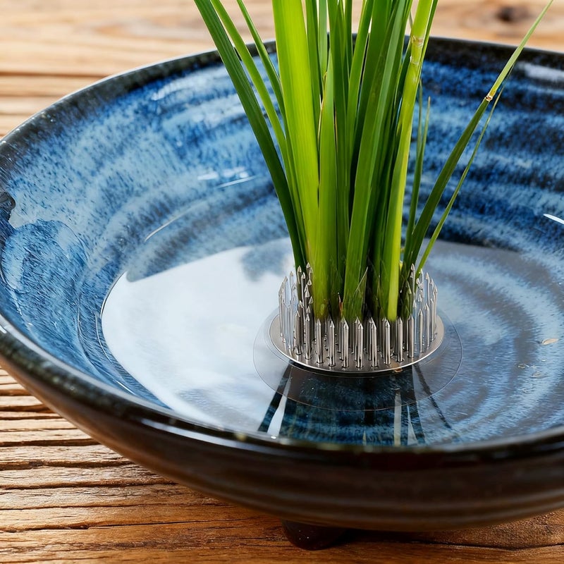 Eggone Ikebana Vase Kit - Flower Frog Bowl Set, Japanese Inspired Ceramic Vase with Metal Floral Frog, Flower Stem Holder Bowl Flower Arrangement Decoration (Blue-Small) - Image 4